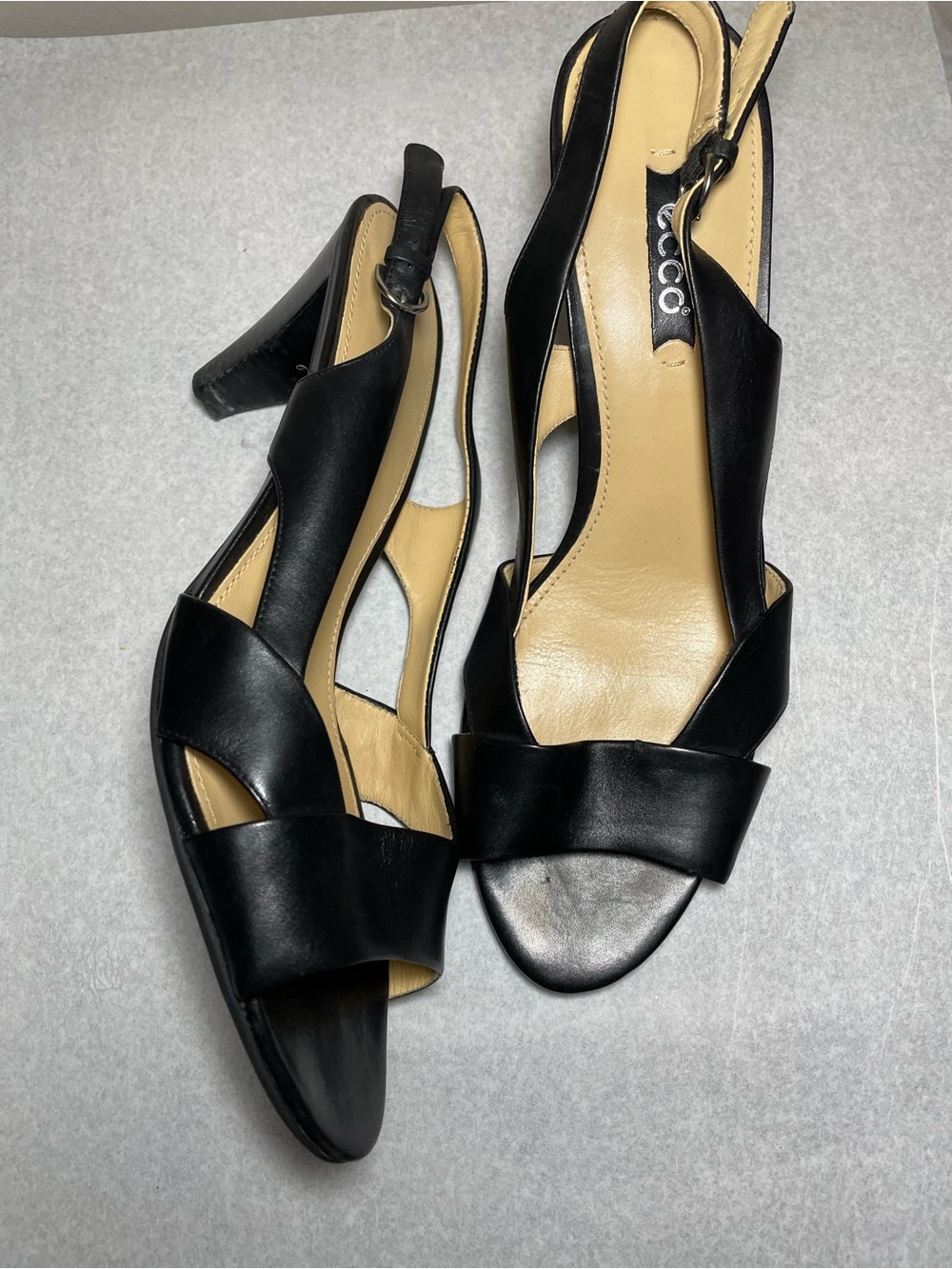 ECCO Black Leather Open-Toe Slingback Block Heels